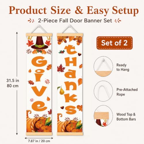 Give Thanks Door Banner Set of 2, Thanksgiving Porch Decor for Home - Image 2