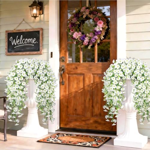 Artificial Hanging Flowers for Outdoors, 4 PCS 600 Blooms UV Resistant Morning Glory Faux Silk Vines, No-Odor Realistic Fake Plants for Garden Planter Porch Patio Decoration, White - Image 5