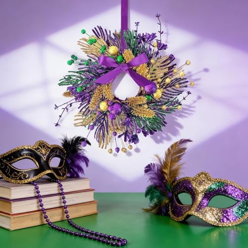 6 PCS Mardi Gras Purple and Green Glitter Mini Cabinet Wreaths for Front Door Carnival Party Decor Wreath Mardi Gras Hanging Garlands Candle Rings for Front Door Home Window Chair Wall Indoor Outdoor - Image 2