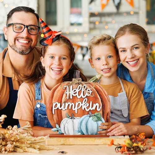 Soaoo Thanksgiving Decoration Wooden Fall Hello Pumpkin Sign Autumn Pumpkin Table Decor 11 Inch Wooden Autumn Desktop Ornament for Thanksgiving Harvest Farmhouse Home Living Room(Orange, Farmhouse) - Image 6