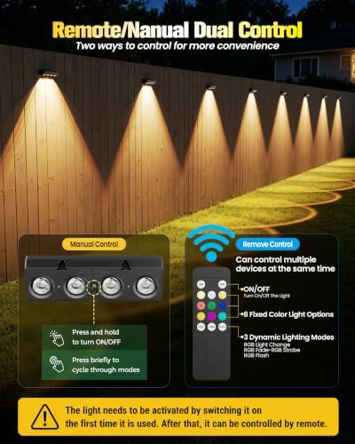 JOFIOS Fence Lights Solar Powered with Remote 12 Pack, Warm White, Cool White and RGB Color Glow LED Solar Lights Outdoor, Dusk to Dawn Solar Fence Lights for Patio, Backyard, Railing, Deck, and Wall - Image 3