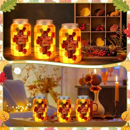 Qinyoung 12 Pcs Fall Christian Crafts Maple Leaf Mason Jar with LED - Image 4