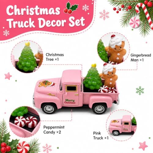 Pink Christmas Truck Decor with Gingerbread Man, Mini Vintage Pickup with Tree and Peppermint Candy, Farmhouse Tabletop Decoration for Tiered Tray, Mantel, Shelf and Coffee Bar, 1 Set - Image 4
