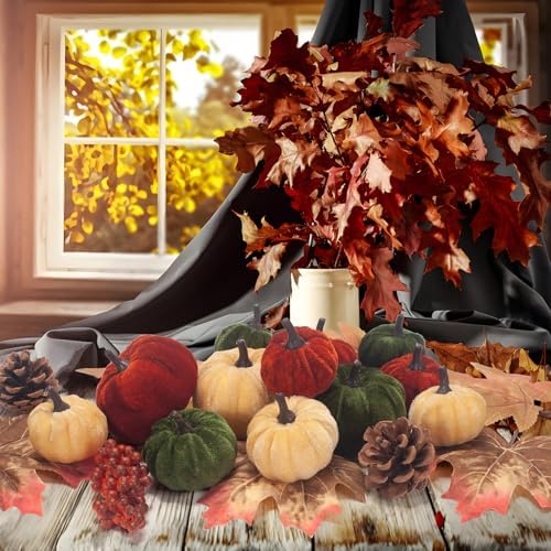 21 PCS Pumpkins Decor Set, 3 Sizes Fake Velvet Pumpkin, Dark Green Brown Gold Small Foam Pumpkins for Fall Harvest Thanksgiving Tiered Tray Centerpiece Bowl Filler Farmhouse Halloween - Image 2