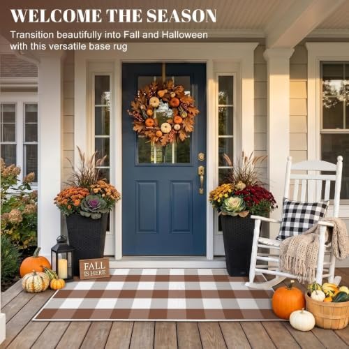 Brown White Plaid Outdoor Rug 2 x 4.3 Ft, Front Door Layering Mat - Image 6