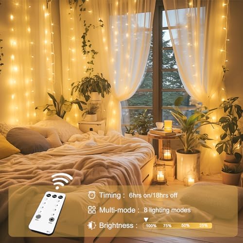 JMEXSUSS 300 LED Remote Control Curtain Lights, Plug in Fairy Curtain Lights Outdoor, Window Wall Hanging String Lights for Bedroom Indoor Dorm Backdrop Wedding Party Patio Christmas Decor, Warm White - Image 2