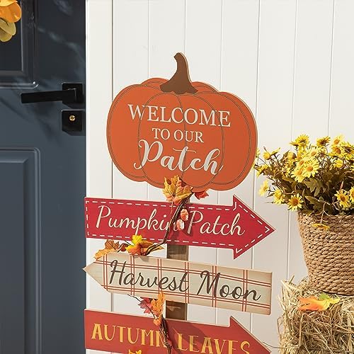 Glitzhome 42.5”H Fall Wooden Pumpkin Patch Porch Decor, Rustic Fall Harvest Welcome to Our Patch Yard Sign, Farmhouse Directional Porch Sign Standing Decor for Fall Harvest Autumn Thanksgiving - Image 4