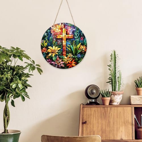 Cross and Wildflowers Christian Signs, Religious Easter Faith Wood Hanging Decor For Home Bedroom Living Room Office Gallery Wall Decorations, Christian Gifts for Friends Colleague -011 - Image 3