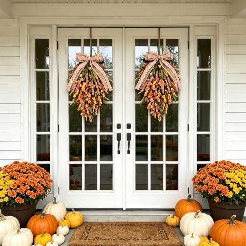 Set of 2 PCS Fall Swags with Artificial Flowers Berries for Front Door, Autumn Fall Teardrop for Indoor Outdoor, Harvest Thanksgiving Teardrops for Mailbox - Image 4