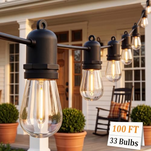S14 Outdoor String Lights 100FT, Waterproof Patio Lights with 35 Shatterproof LED Bulbs (2 Spare), UL Certified Commercial Grade Black Wire Hanging Lights for Outdoor, Indoor, Backyard, Porch by BOKOIUU