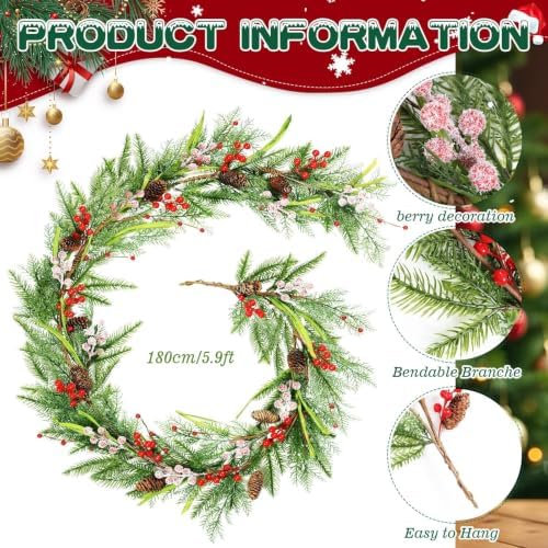 6 Ft Christmas Artificial Pine Vine Garland Green Norfolk Swags Garland Snowy Red Berries Pinecones Pine Needles Garlands for Christmas Holiday Xmas Winter Mantle Party Table Centerpiece Decorations - Image 3