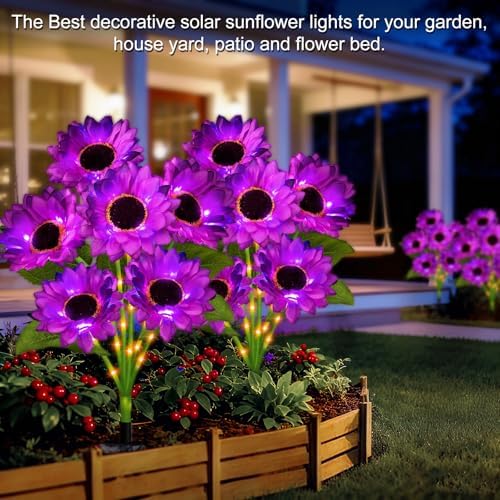 Solar Sunflower Lights Outdoor Garden Decor, 6 Pack Solar Purple Flowers Lights with 18 Sunflowers, Waterproof Fall Decor Stake Decorative Light Auto ON/Off for Garden Yard Patio, Gift for Women - Image 5
