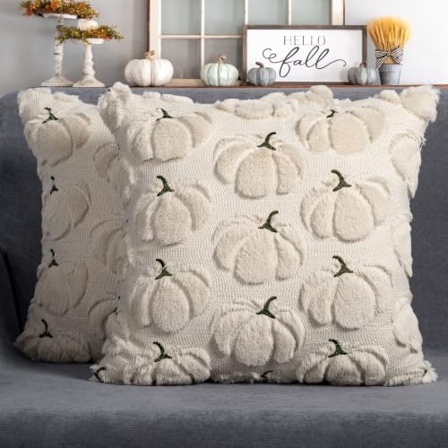 Fall Pillow Covers 18x18 Set of 2 Beige Pumpkin Decorations for Home by 4THEmotion
