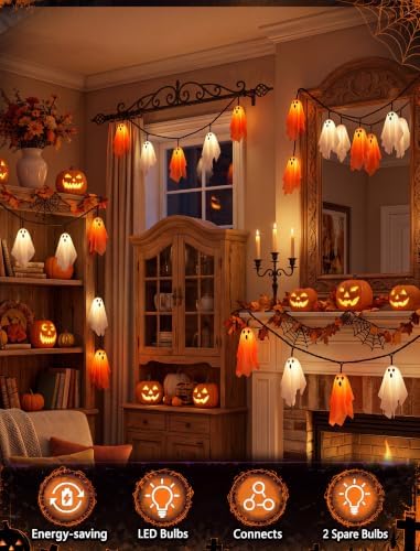 8.5FT 10 LED Halloween Orange and White Fabric Ghost String Lights Outdoor - Image 6