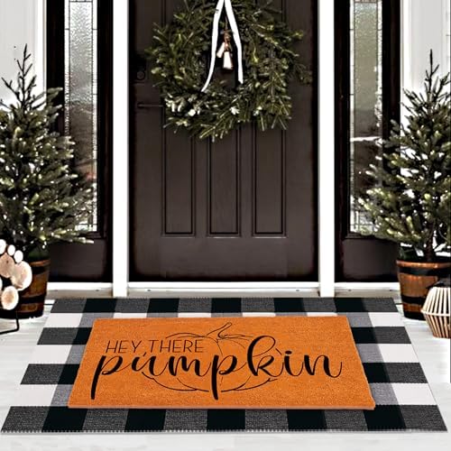 Fall Decor Door Mat Combo Set, Hey There Pumpkin Welcome Doormat + 28x43 Inches White Black Buffalo Plaid Rug Combo Set, Halloween Autumn Thanksgiving Front Porch Entryway Decor Floor Mats by TEMOGU