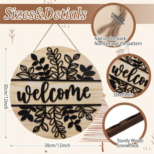 JarThenaAMCS 3D Black Leaves Welcome Door Sign Wooden Hanging Sign Rustic Front Door Hanger for Indoor Outdoor Farmhouse Home Porch Window Decor - Image 2