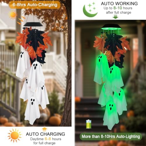 Halloween Solar Wind Chimes,Spooky Ghost Maple Leaves Hanging Mobile Lights - Image 3