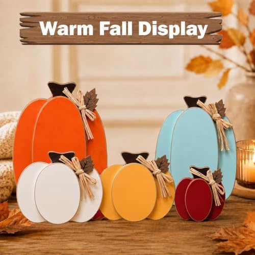 Wooden Pumpkin Fall Decor, 5-Piece Indoor Fall Decorations for Home, Rustic Harvest Autumn Thanksgiving Pumpkin Signs with Wooden Leaves for Tiered Tray, Table, Entryway, Mantel, Shelf, Office Desk - Image 2