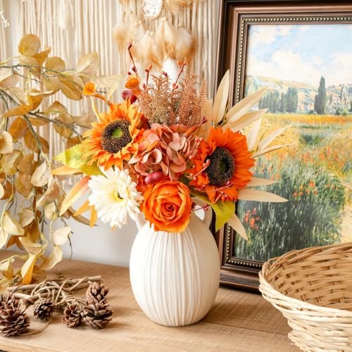 LUEUR Artificial Fall Sunflower with Vase – Faux Autumn Hydrangea & Rose - Image 3