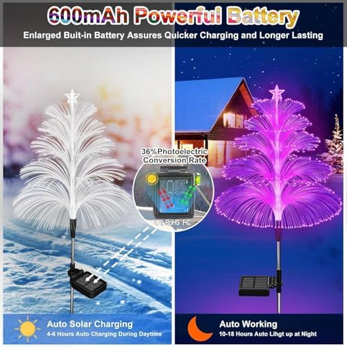 Solar Christmas Decorations Trees Lights Outdoor Waterproof Solar Christmas Tree Jellyfish Lights 5 Layer Optical Fiber 7 Color Changing for Pathway Lawn Patio Outside Decorative, 3PCS - Image 6