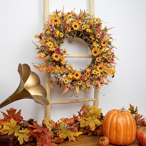 J'FLORU Artificial Fall Wreath 22 Inch Fall Wreaths for Front Door Autumn Porch Farmhouse Thanksgiving Day Harvest Festival - Image 4
