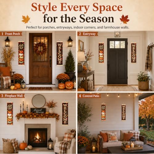 Rustic Woodgrain Door Banner Set of 2, Hello Fall Pumpkin Porch Decor - Image 4