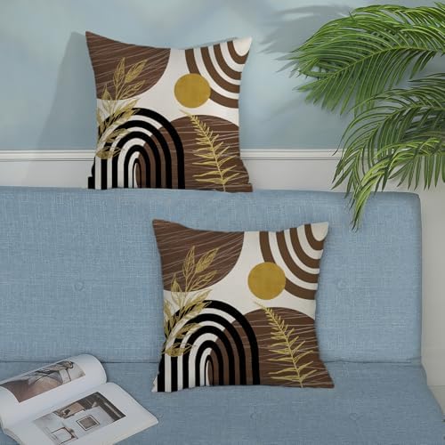 Boho Brown Pillow Covers 18x18 Set of 2 Brown Gold Tropical Leaf Decor Mid Century Throw Pillows Outdoor Bohemian Decorative Pillowcase Farmhouse Abstract Modern Cushion Case for Couch Sofa - Image 3