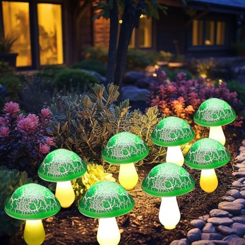 Solar Mushroom Lights Garden Decor 8 Green Crack Mushrooms Outdoor Decor Stake Lights Waterproof Solar Pathway Light Gardening Gifts for St Patrick's Day Easter Gnomes Yard Halloween Xmas Decorations - Image 2