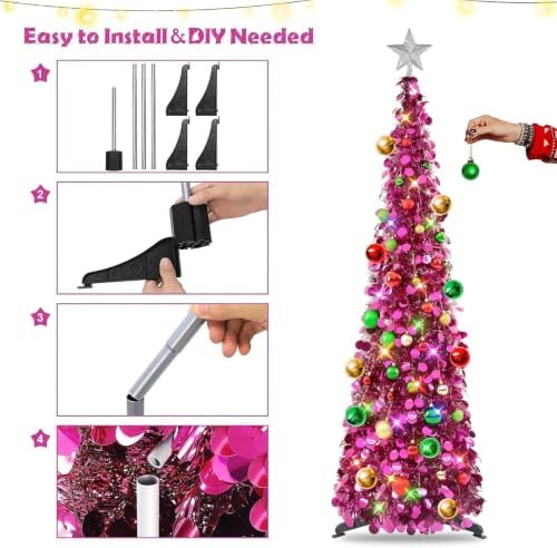 N&T NIETING Pop Up Christmas Tree with Lights & Ornaments, 5FT, Fuchsia - Image 4