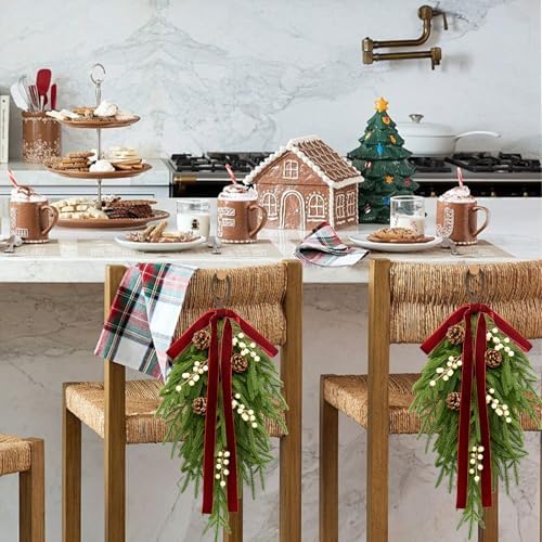 nuvagiki Christmas Teardrop Swag Decorations, 24'' Christmas Teardrop Wreath Artificial Pine Needle Berries Hanging Decor, Red Velvet Bow Swag Decorations for Front Door Mantle Wall Indoor Home Decor - Image 6