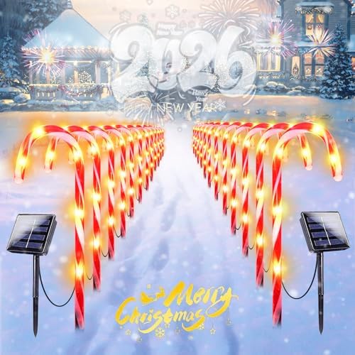 IDEAALS 24-Pack Solar Christmas Candy Cane Lights, Solar Pathway Lights Waterproof, Christmas Decorations Outdoor with 8 Modes for Party Patio Garden Lawn Yard Decor by IDEAALS
