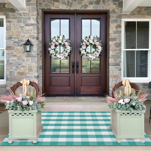 Ckorzen Green and White Plaid Rug, 4' x 6' Spring Outdoor Front Porch Door Decor Mat, Washable Cotton Woven Farmhouse Area Rug for Layered Door Mats Carpet, Entryway, Easter Décor by Ckorzen