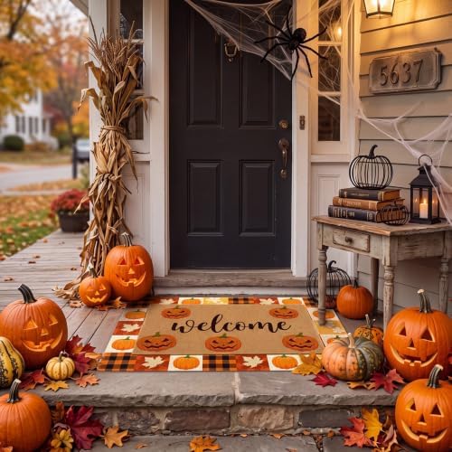 2 Pcs Fall Halloween Door Mat Outdoor Welcome Pumpkin Rug - Image 6