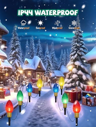 Jumbo C9 Christmas Pathway Lights Outdoor, 2 Pack 7FT Christmas Yard Decorations with 8 Jumbo C9 LED Strawberry Multicolor Bulbs Christmas Walkway Lights for Outside Holiday Lawn Garden Driveway Decor - Image 3