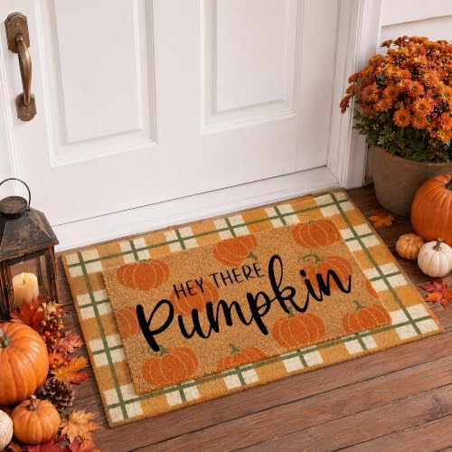 Fall Outdoor Doormat Set Autumn Harvest Doormat 2 Pack, 17×30 Coir Hello Pumpkin Mat & 28×43 Orange Plaid Rug, Indoor Outdoor Fall Thanksgiving Halloween Front Porch Decor - Image 3