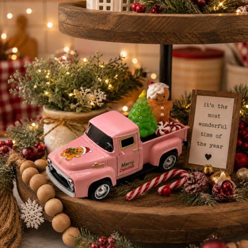 Pink Christmas Truck Decor with Gingerbread Man, Mini Vintage Pickup with Tree and Peppermint Candy, Farmhouse Tabletop Decoration for Tiered Tray, Mantel, Shelf and Coffee Bar, 1 Set - Image 2