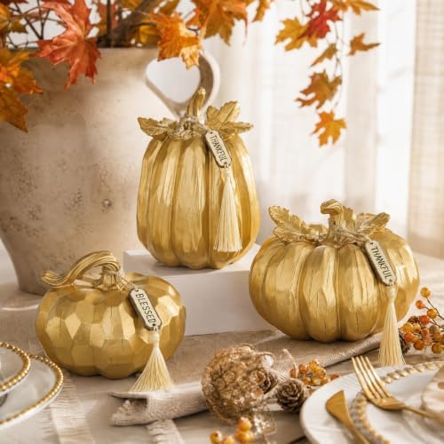 Briful Fall Pumpkin Decor 3 Pcs, Gold Faux Resin Pumpkin Dining Centerpiece - Image 3