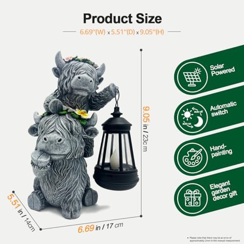 Solar Garden Outdoor Statues Lantern Figurines Light Decorations for Outdoor Patio Balcony Yard Lawn, Ideal Gifts for Mom Friends (Cement Gray- Cow) - Image 4