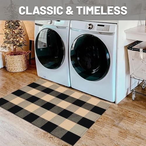 IOHOUZE 2x3 Buffalo Plaid Rug, Washable Outdoor Door Mat, Tan Black - Image 3
