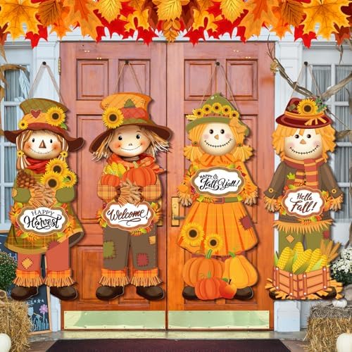 4 Pcs Outdoor Fall Thanksgiving Decoration for Home Scarecrow Decoration for Front Door 10 x 25.6 Inch Fall Hanging Decor Thanksgiving Wooden Scarecrow Wall Decor for Home Indoor Outdoor Porch Yard by Seeloowy