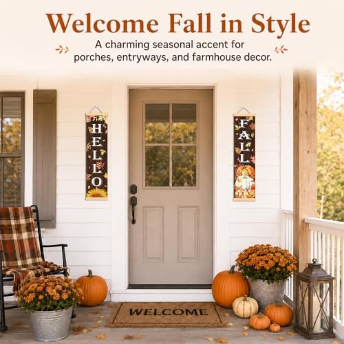 Hello Fall Woodgrain Door Banner Set of 2, Pumpkin Porch Decor for Home - Image 5