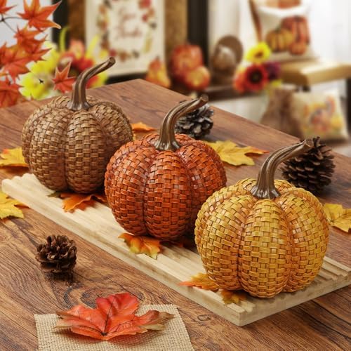 Hollyone Fall Pumpkins Decor, 3PCS Rattan Resin Pumpkins for Decorating Figurines Decorative Pumpkin for Home Autumn Harvest Thanksgiving Halloween Party Wedding Table Centerpiece Indoor Decor - Image 6