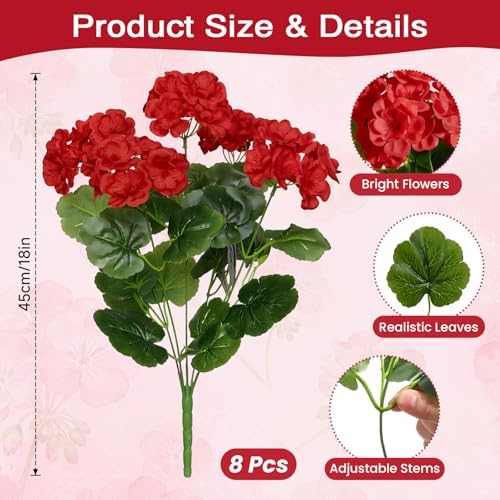 Alupssuc 8Pcs Artificial Geranium Flowers for Outdoors Decoration Silk Floral, UV Resistant Fake Plants, Faux Flower for Porch Garden Table Centerpieces Home Indoor Outside Spring Decor(8, Red) - Image 3