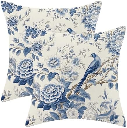 CXMEIFLY Spring Floral Pillow Covers 16 x 16 Inch Set of 2 for Chinoiserie Flowers Bird Decor Throw Pillows Vintage Blue and White Plant Outdoor Decorative Cushion Cases for Couch Bed Decorations by CXMEIFLY