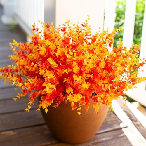 Artificial Plants for Outdoor Fall Plants Fake Greenery for Autumn Decor, 12 Bundles Faux Orange Boxwood Look Real UV Resistant Fake Plants for Outside Home Porch Patio Planters Yard Front Door by florisso