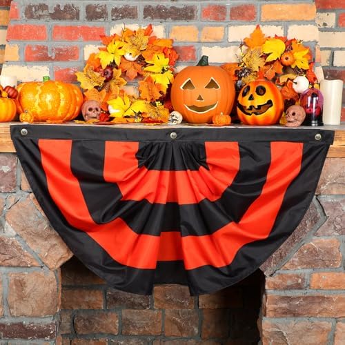 Newwiee 2 Pcs 3 x 1.5 ft Halloween Flag Bunting Half Fan Hanging Pleated Flag Banner with 3 Grommets for Halloween Indoor Outdoor House Party Holiday Yard Decorations Props, Black Orange - Image 5