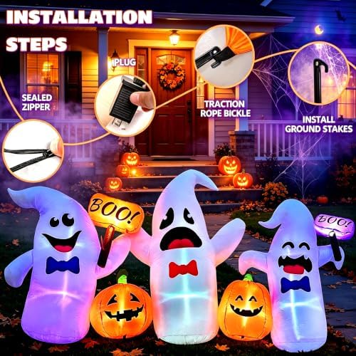 8 Ft Long Halloween Inflatable 3 Ghosts and Pumpkins Decorations Outdoor - Image 3