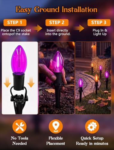 19.5Ft 10 LED C9 Orange and Purple Halloween Pathway Stakes Lights Outdoor - Image 3