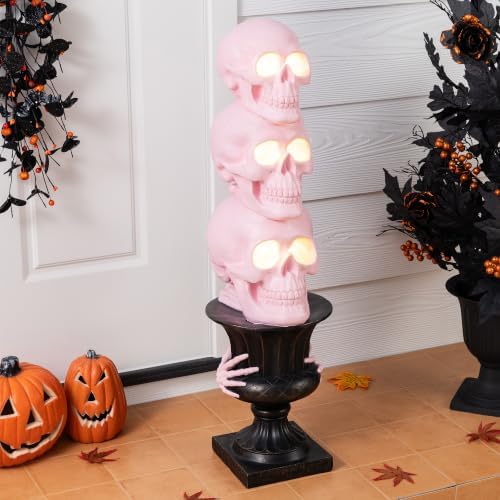 Glitzhome 31.50" H Halloween Lighted Stacked Skull Porch Decor,Pink MGO Skeleton Statue with Black Urn & Timer, Scary Halloween Decoration for Front Door Outdoor Indoor Yard Party by Glitzhome
