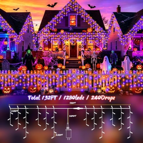 XURISEN 132FT 1280 LED Halloween Lights Outdoor,Orange Purple Halloween String Lights with 240 Drops, 8 Modes Timer Memory Function Hanging Curtain Lights for Halloween Decorations Holiday Party Eaves - Image 5
